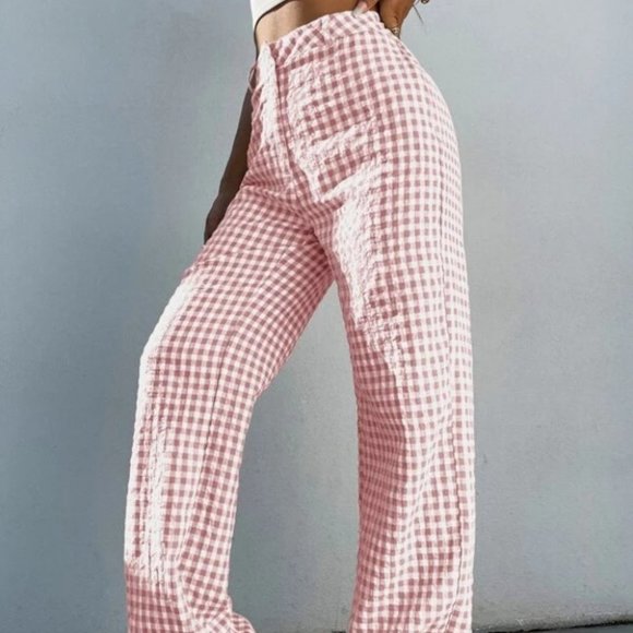 Gingham Print Wide Leg high waist Pants pink - Picture 3 of 6